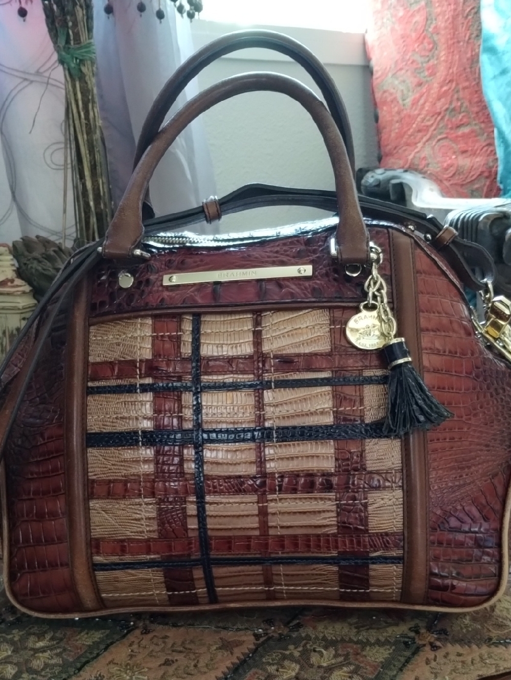 Brahmin Pecan Hudson. Brown, Tan & Navy Croc-Embossed Satchel with Tassel